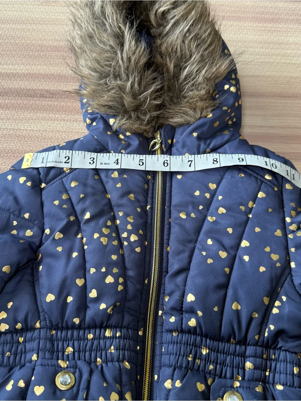 Rothschild 1881 Girls 2T Navy Gold Heart Puffer Coat Faux Fur Hood Winter Jack